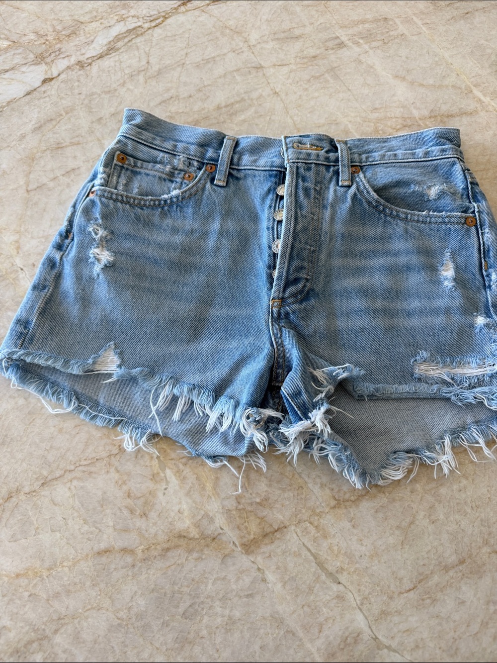 Agolde Light Wash Distressed Button-Front Jean Shorts